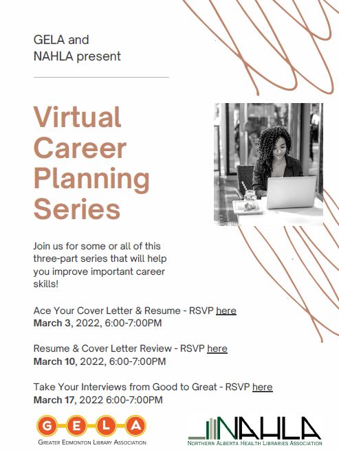 Poster for Virtual Career Planning Series. Lists the three workshops with dates and times, and includes a photo of a woman with brown skin and black hair smiling as she looks at her laptop screen.